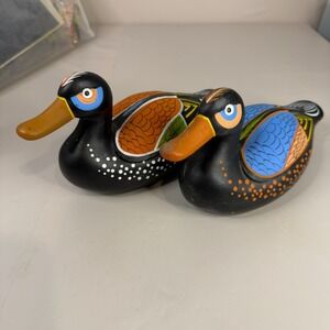 Vintage Ducks Hand Painted Decorative Pair with Felt Bottom, 10" Long